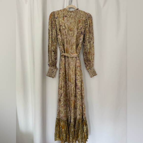 HEMANT & NANDITA Gold Floral Maxi Dress with Ruffle Hem - Picture 8 of 9